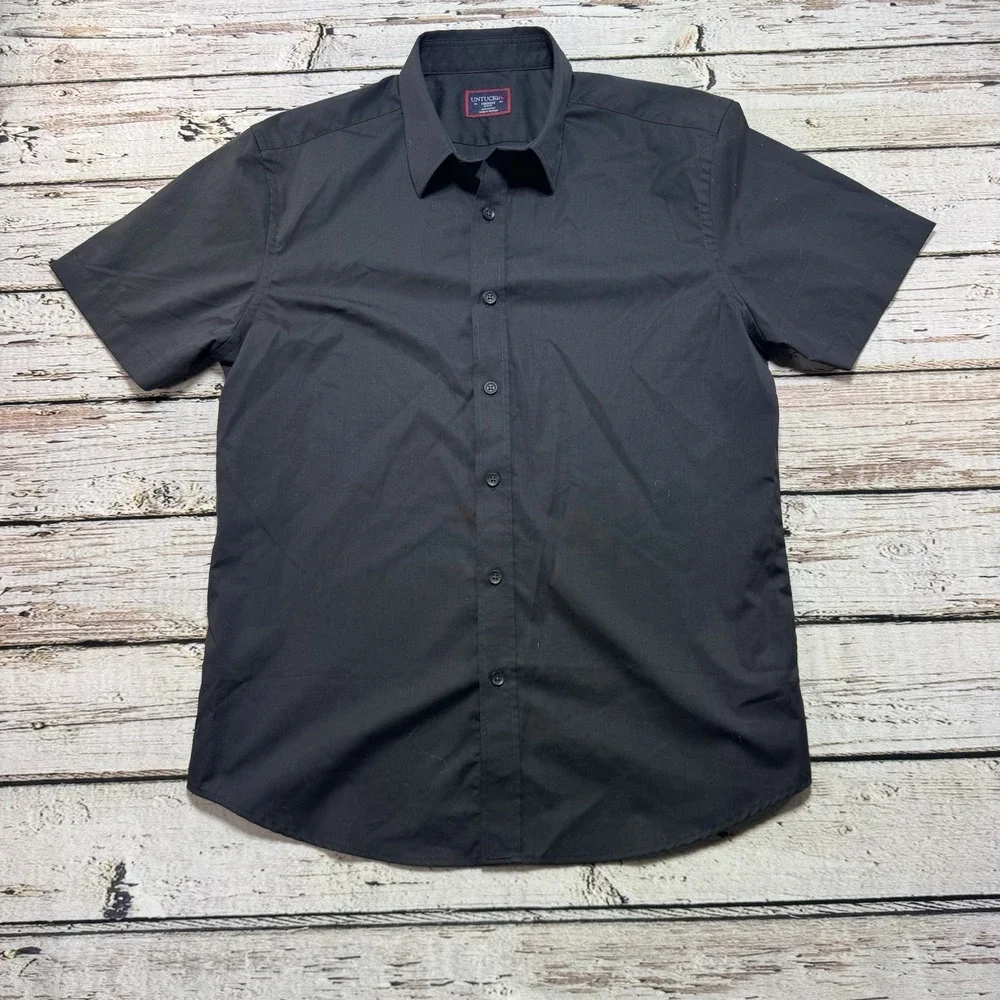 Untuckit Mens Medium Solid Black Button Up Coufran Slim Fit Short Sleeve Shirt